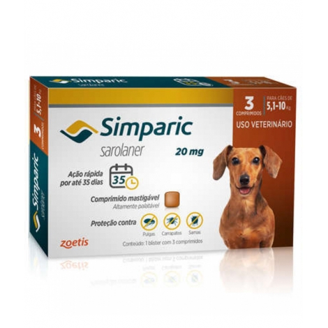 SIMPARIC 20MG 3 COMPRIMIDOS – CÃES DE 5,1 A 10KG SIMPARIC 20MG 3 COMPRIMIDOS – CÃES DE 5,1 A 10KG